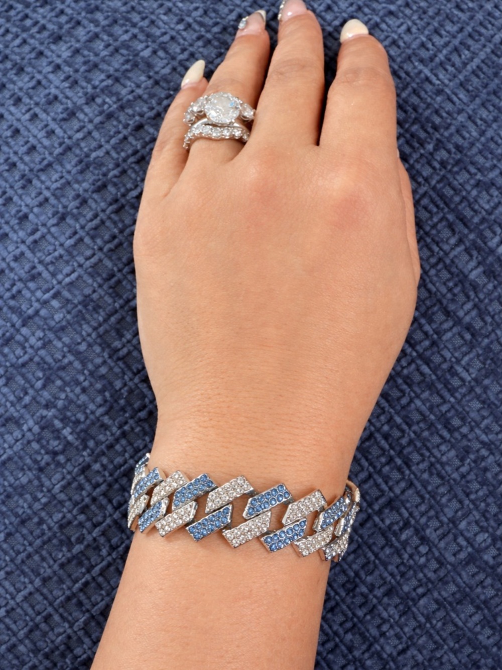 Crystal Cuban Link Bracelet - Blue & Silver Pavé